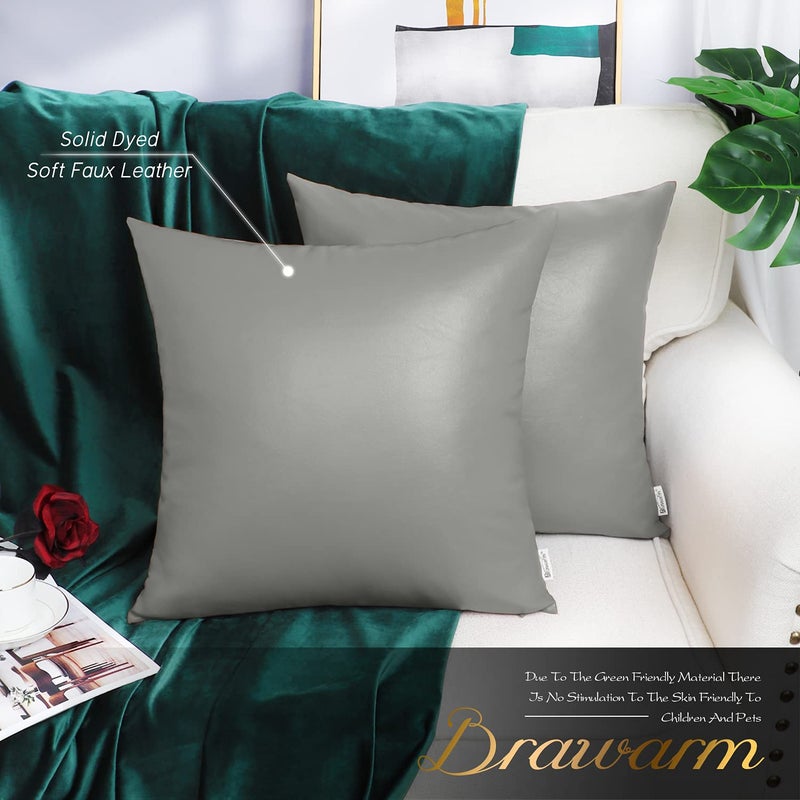 BRAWARM Faux Leather Throw Pillow Covers 20 X 20 Inches - Medium Gray Leather Pilow Covers Pack of 2, Solid Dyed Leather Pillowcases for Couch Bed Sofa Garden Home Decorative - Image 2